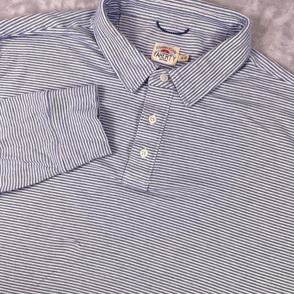 Faherty Brand Mens XL Blue White Striped Long‎ Sleeve Polo Cotton Modal Shirt